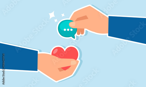 Two hands hold a chat dialog and others hold a heart, intending to exchange, illustration of receiving positive response for performance in a business concept presentation