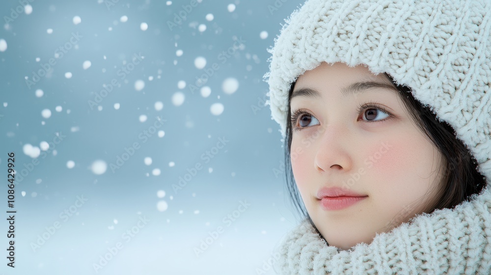 Serene Winter Portrait Young Woman in Knit Hat Snow Falling