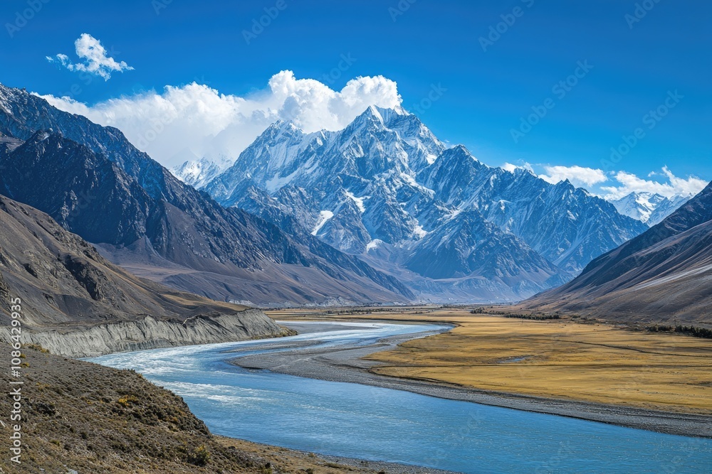 A Serpentine River Winding Through a Mountainous Valley