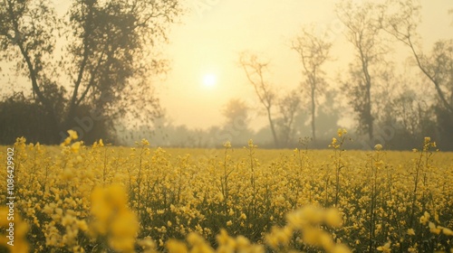 Atmospheric background of a mustard field in Punjab at sunrise, showcasing the harvest time and natural beauty during Lohri season photo