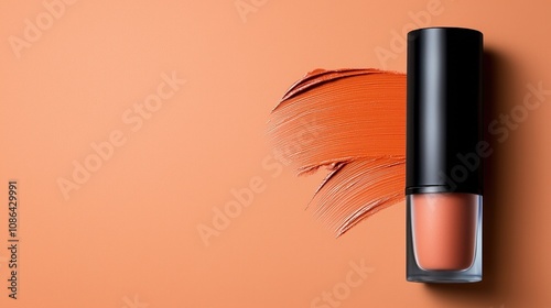 Realistic Cosmetic Makeup Product in an Elegant Arrangement with a Smooth Orange Swatch on a Minimalist Background for Beauty Promotions photo