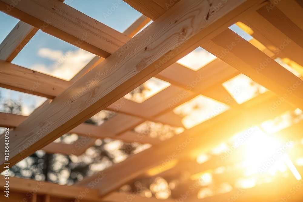 Fototapeta premium Wooden Roof Frame Construction with Sunlight Shining Through