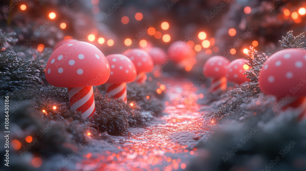 Magical path with candy mushrooms illuminated by glowing lights