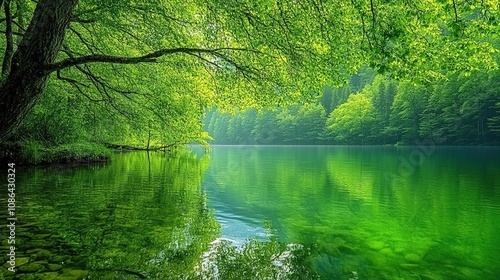A serene lake surrounded by lush green trees, reflecting nature's tranquility and beauty.