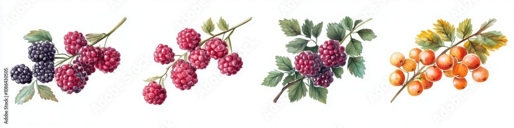 A vibrant illustration of various berries, including blackberries, red raspberries, and orange berries, showcasing their rich colors and lush green leaves. A vibrant illustration of various berries, including blackberries, red raspberries, and orange berries, showcasing their rich colors and lush green leaves.
