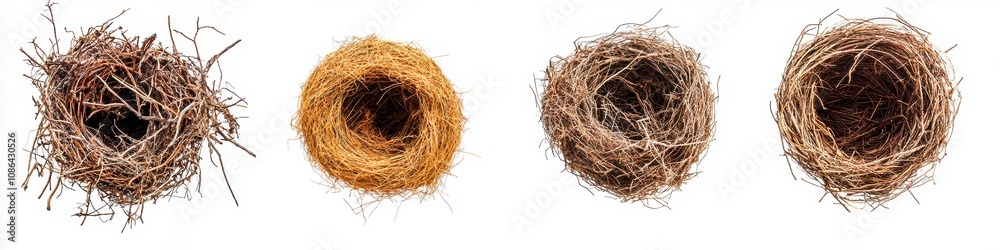Obraz premium A series of four bird nests displayed in a row, showcasing varying textures and colors, highlighting natural materials used in nest construction.