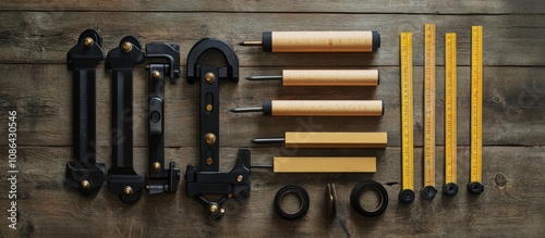 Woodworking clamps, sanders, and measuring tape neatly arranged on a wooden background