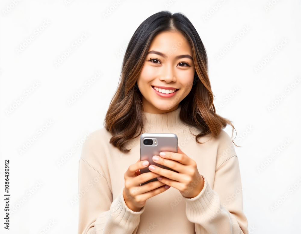 Smiling young asian woman using phone Smiling young asian woman using phone