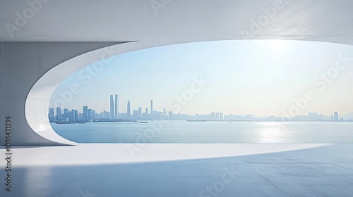 A white concrete floor with an oval window overlooking the sea, the city skyline in the distance, a light blue sky, a minimalist style, a futuristic feeling, bright ligh photo