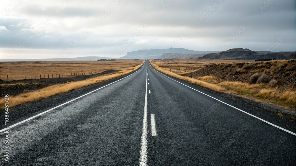Long shot of dark asphalt road with white lines, landscape, asphalt surface Long shot of dark asphalt road with white lines, landscape, asphalt surface