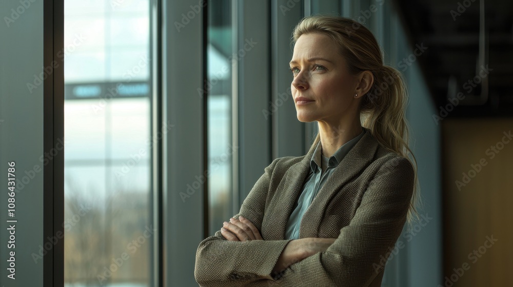 Thoughtful Female Executive in Modern Office Setting Reflecting on Business Strategy with Natural Light Streaming Through Large Windows Thoughtful Female Executive in Modern Office Setting Reflecting on Business Strategy with Natural Light Streaming Through Large Windows