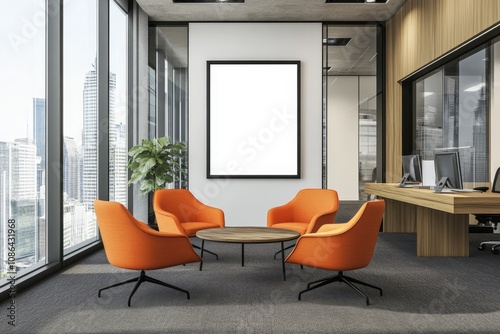 Modern office waiting area with four orange chairs, a round table, and a large blank poster on the wall. There are large windows with a city view and wooden accents throughout the space. photo