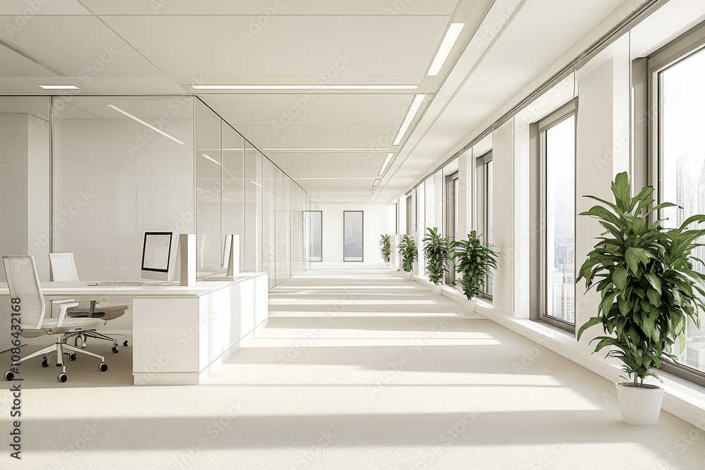 Fototapeta premium Modern office space with white desks, chairs, and glass walls. Natural light floods the room through large windows, illuminating the clean and minimalist design.