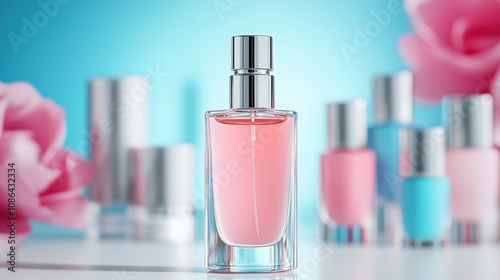 Elegant and Modern Cosmetic Bottle Surrounded by Colorful Nail Polishes and Flowers on a Bright Background for Skincare and Fragrance Promotion