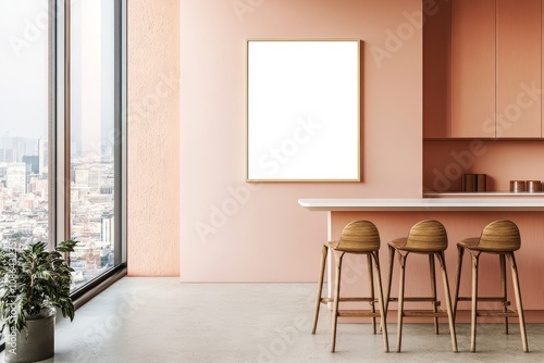 A contemporary kitchen with a pink wall, large windows, and a breakfast bar with three stools.