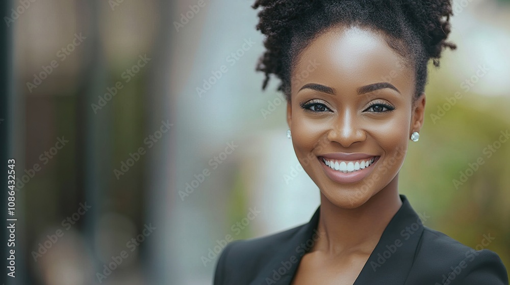 Confident Young Businesswoman Smiling Brightly with Natural Hair, Exuding Professionalism and Positivity in a Modern Outdoor Setting Confident Young Businesswoman Smiling Brightly with Natural Hair, Exuding Professionalism and Positivity in a Modern Outdoor Setting