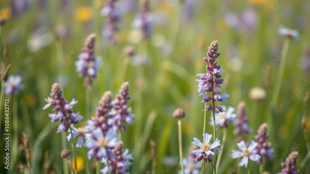 purple flowers swaying in the breeze of a spring meadow, outdoor landscape, green grass, blooming flowers purple flowers swaying in the breeze of a spring meadow, outdoor landscape, green grass, blooming flowers