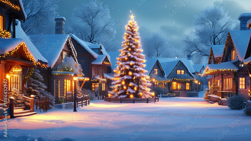 A quaint village covered in snow, with a glowing Christmas tree in the town square, houses adorned with festive lights, and a peaceful winter atmosphere. A quaint village covered in snow, with a glowing Christmas tree in the town square, houses adorned with festive lights, and a peaceful winter atmosphere.