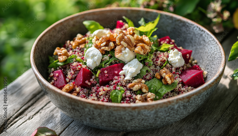 Beetroot and Quinoa Salad with Goat Cheese in Garden Setting Beetroot and Quinoa Salad with Goat Cheese in Garden Setting
