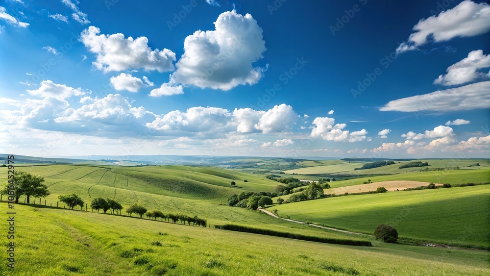 Rolling hills and vast meadow fields under a brilliant blue sky on a sunny day in the English countryside, english countryside, sunshine Rolling hills and vast meadow fields under a brilliant blue sky on a sunny day in the English countryside, english countryside, sunshine
