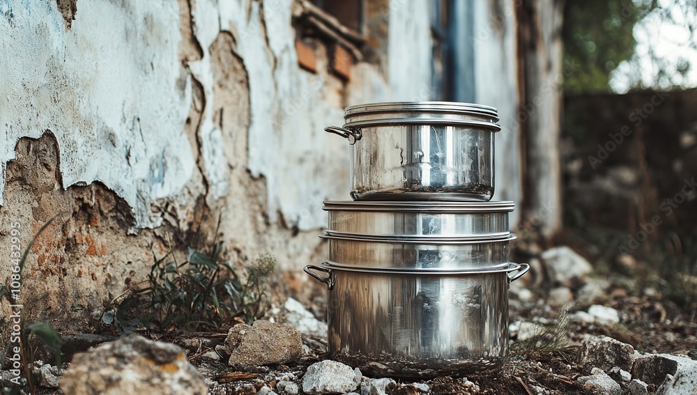 Stacked Pots Against a Weathered Wall: A Still Life of Rustic Charm and Resilience Stacked Pots Against a Weathered Wall: A Still Life of Rustic Charm and Resilience