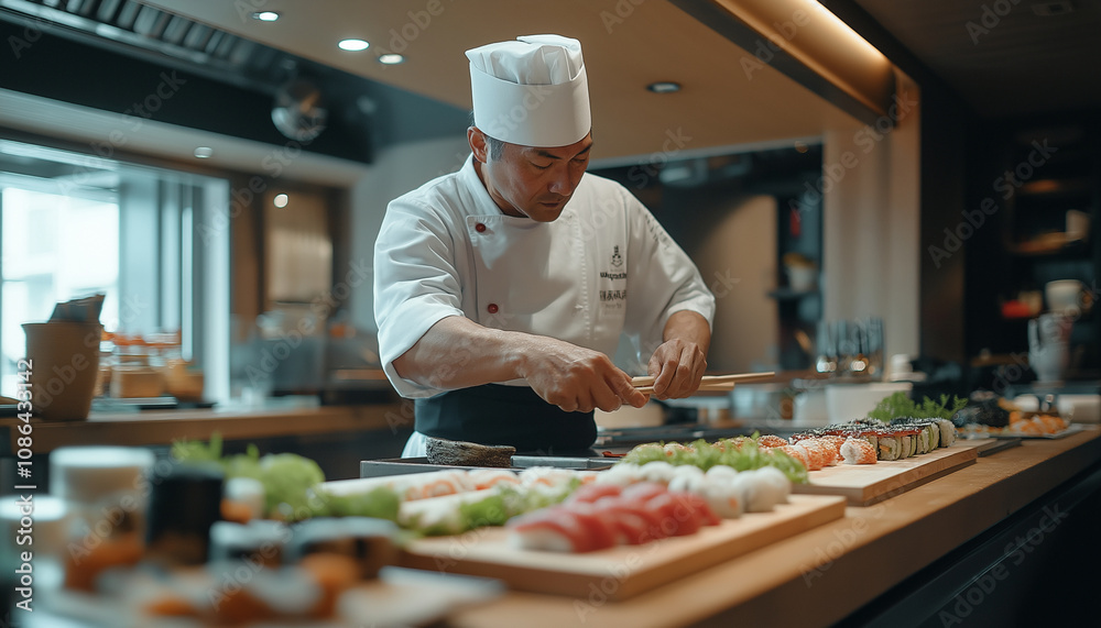 Chef Preparing Sushi Rolls in Modern Kitchen Chef Preparing Sushi Rolls in Modern Kitchen