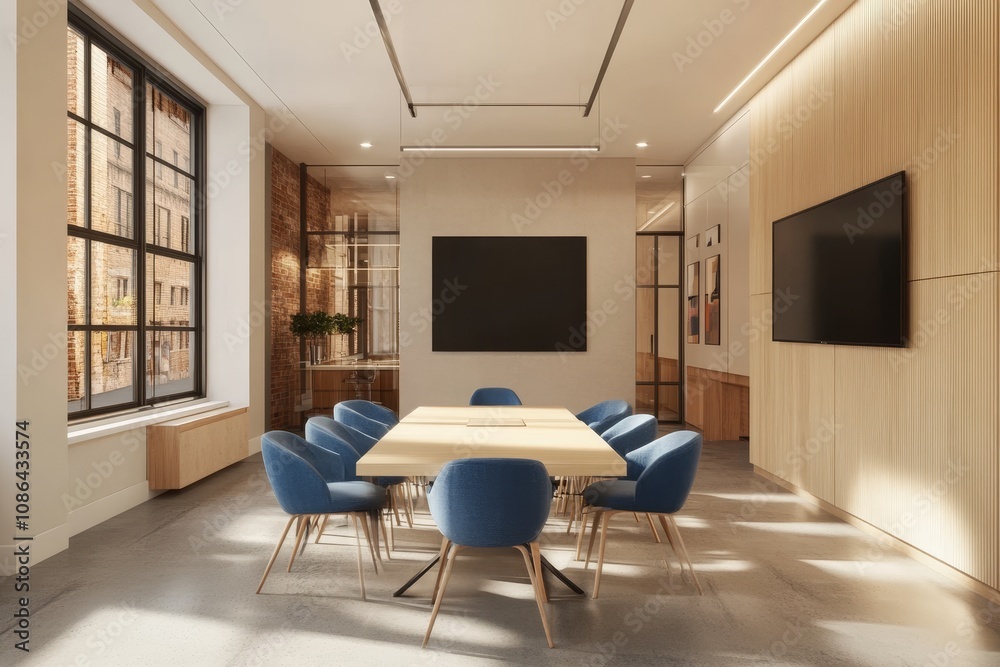 Modern conference room with large windows, wooden wall panels, and a long wooden table with blue chairs. Modern conference room with large windows, wooden wall panels, and a long wooden table with blue chairs.
