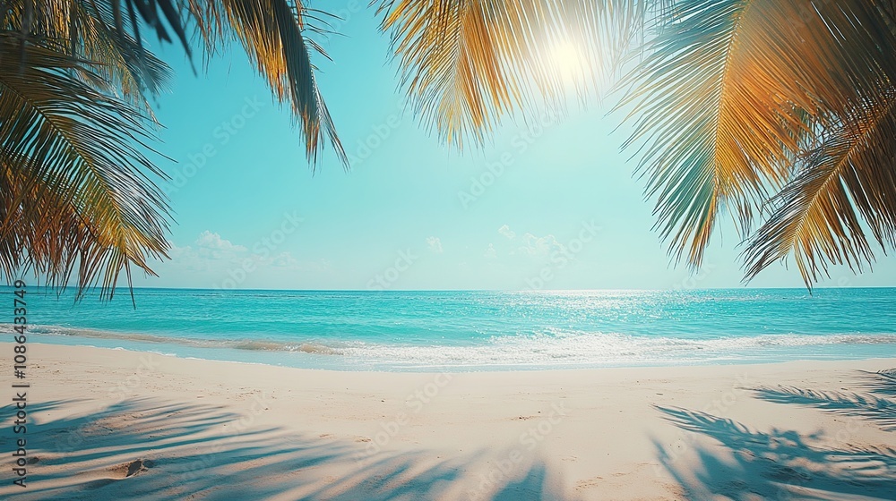 A serene beach scene with palm trees and a tranquil ocean under a bright sky. A serene beach scene with palm trees and a tranquil ocean under a bright sky.