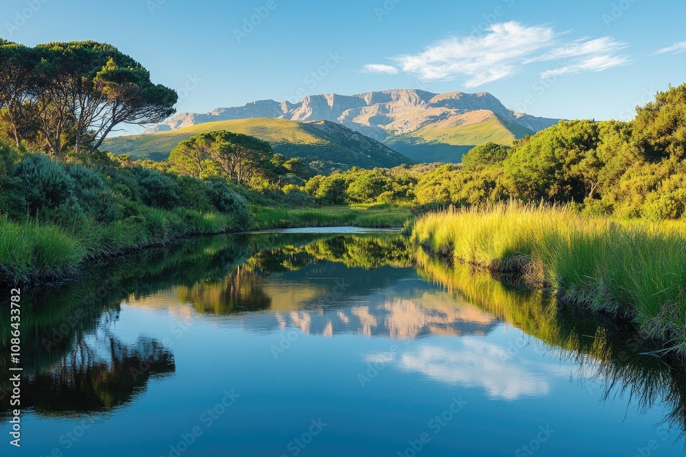 Naklejka premium Mountain Reflection in Still Water with Lush Green Foliage