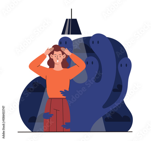 Woman with phobia. Girl terrified, surrounded by shadows. Mental and psychological problems and disorders. Shock, frustration and depression. Flat vector illustration isolated on white background