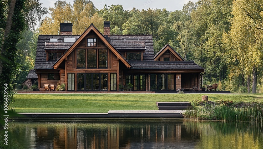 Luxury Wooden Lake House in a Serene Forest Setting Luxury Wooden Lake House in a Serene Forest Setting