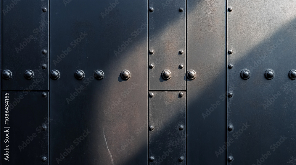 Fototapeta premium Black wall with metal elements and rivets, rough textured steel