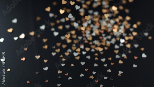 Tiny heart-shaped confetti pieces suspended in mid-air against a black table with subtle silver and gold reflections, abstract design, visual effect photo