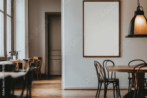 A bright  spacious dining room with large windows  a wooden table  and chairs  and a blank poster on the wall.