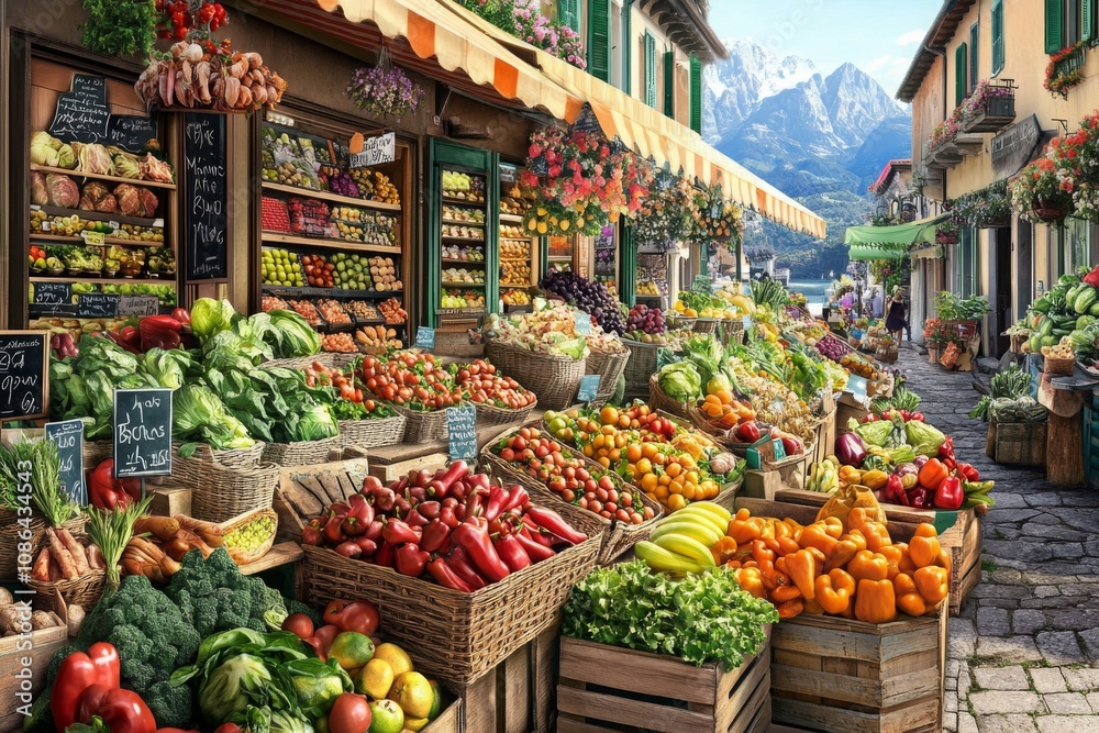Vibrant Market Street with Fresh Vegetables and Fruits Surrounded by Scenic Mountains, Showcasing a Variety of Colors and Textures in a Serene Setting Vibrant Market Street with Fresh Vegetables and Fruits Surrounded by Scenic Mountains, Showcasing a Variety of Colors and Textures in a Serene Setting