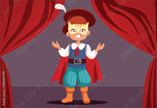 Child Actor in Puss in Boots Character Costume Vector Illustration. Happy boy performing on stage wearing mask and dramatic clothing 
