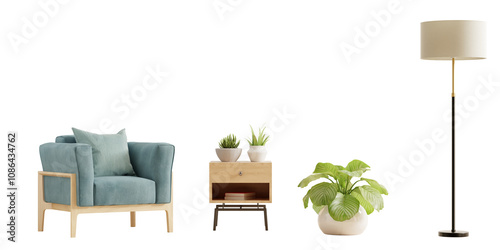 Fototapeta Naklejka Na Ścianę i Meble -  Blue armchair, a nightstand, and a potted plant are shown on transparent background- 3D rendering