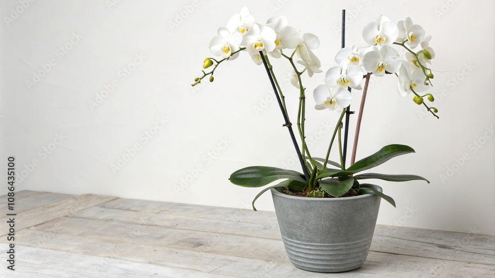 white orchid plant with many blossoms in a grey pot, flower arrangement, lush greenery, white blooms, grey orchid white flowers indoor decor garden home, modern home decor white orchid plant with many blossoms in a grey pot, flower arrangement, lush greenery, white blooms, grey orchid white flowers indoor decor garden home, modern home decor
