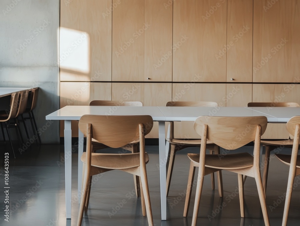 A minimalist workspace with a long white table and wooden chairs in a modern office. A minimalist workspace with a long white table and wooden chairs in a modern office.