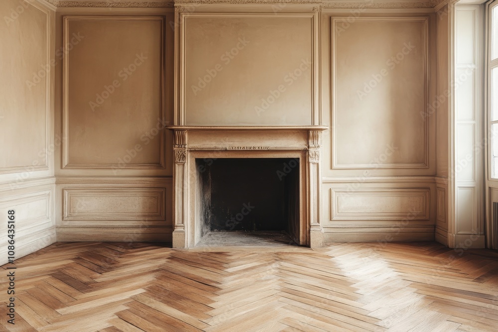 An empty room with a fireplace and hardwood floors. An empty room with a fireplace and hardwood floors.