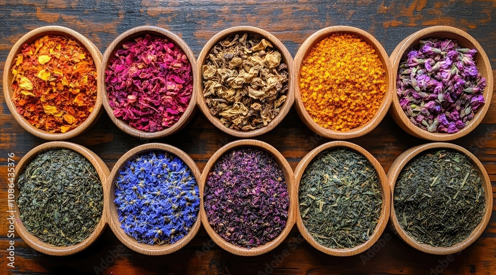 Ten bowls of dried herbs and teas arranged on a wooden surface. Ten bowls of dried herbs and teas arranged on a wooden surface.