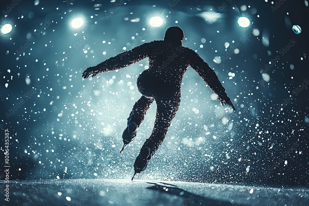 Skater performing dramatic ice dance indoor arena sports photography nighttime motion passion Skater performing dramatic ice dance indoor arena sports photography nighttime motion passion
