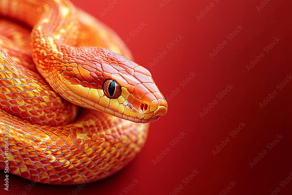 A vibrant corn snake against a deep red background, perfect for holiday greeting cards celebrating New Year with its dramatic colors and captivating details. A vibrant corn snake against a deep red background, perfect for holiday greeting cards celebrating New Year with its dramatic colors and captivating details.