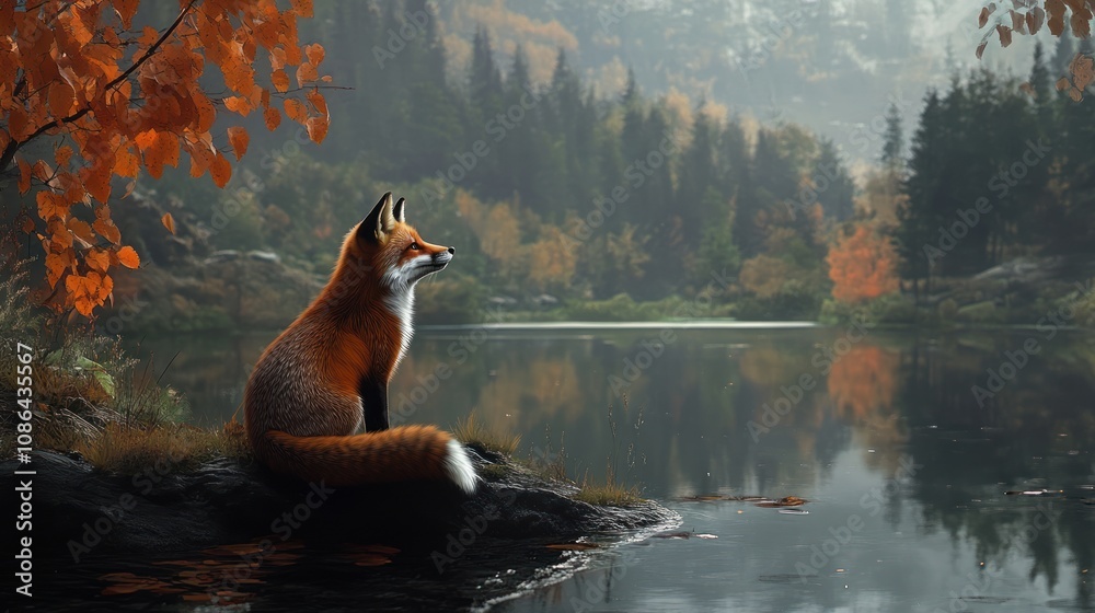 Fototapeta premium Fox by the Lake in Autumn