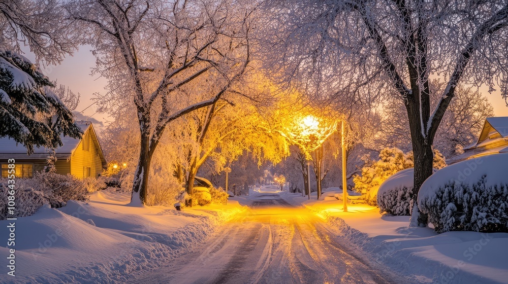 Warm yellow glow from a street light casting light on snow-covered trees and a frosty path Warm yellow glow from a street light casting light on snow-covered trees and a frosty path