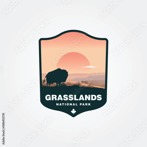 grasslands national park with a bison looking at the sunset vector design, canada national park logo