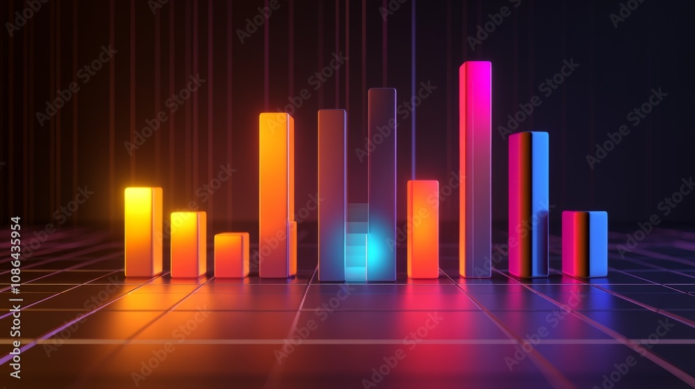Vibrant 3D Bar Graph Animation with Colorful Lights Reflecting on a Black Grid Background, Representing Data Visualization and Modern Statistics Concepts Vibrant 3D Bar Graph Animation with Colorful Lights Reflecting on a Black Grid Background, Representing Data Visualization and Modern Statistics Concepts