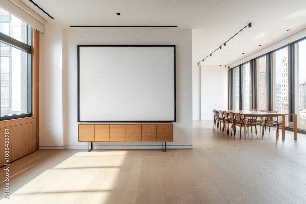Modern living room with large windows and a blank canvas on the wall, perfect for showcasing artwork or a TV. Modern living room with large windows and a blank canvas on the wall, perfect for showcasing artwork or a TV.