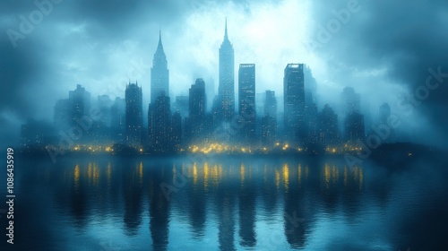 Mysterious Urban Landscape of a City Skyline Shrouded in Fog and Illuminated by Golden Reflections over Water in Twilight Atmosphere