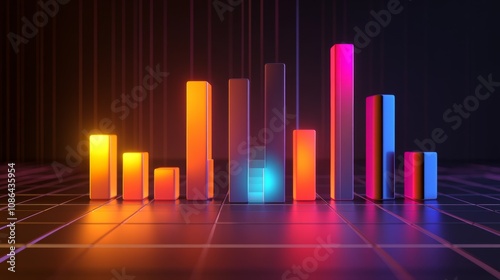 Vibrant 3D Bar Graph Animation with Colorful Lights Reflecting on a Black Grid Background, Representing Data Visualization and Modern Statistics Concepts